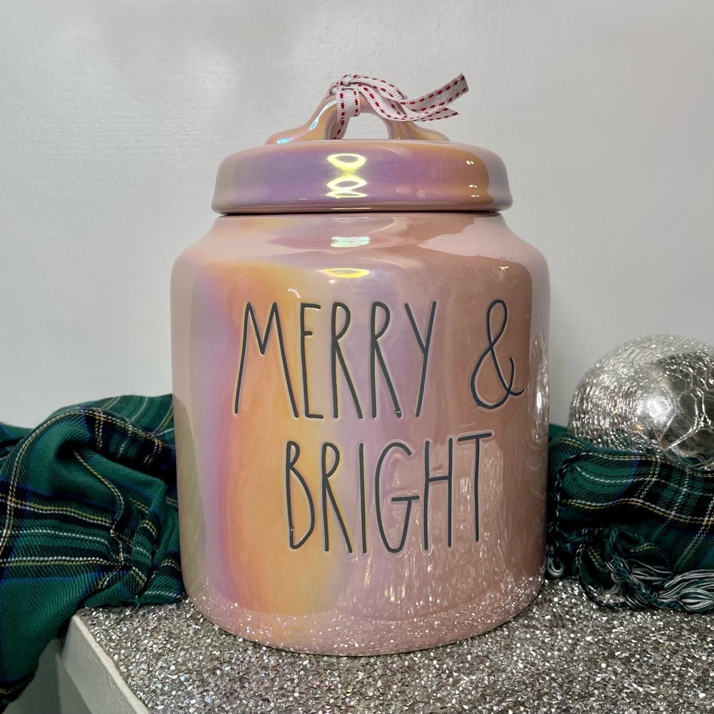 Rae Dunn Pink Iridescent Holiday Cookie Jar Merry & Bright Christmas Decor New - Picture 2 of 9